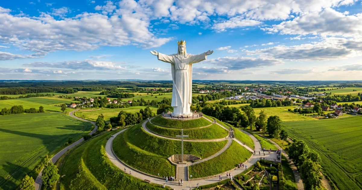 Panoramic view of the Christ the King statue on an earthen mound in Świebodzin Poland