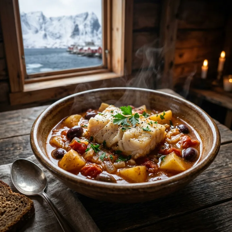 A bowl of traditional Norwegian Bacalao made with stockfish