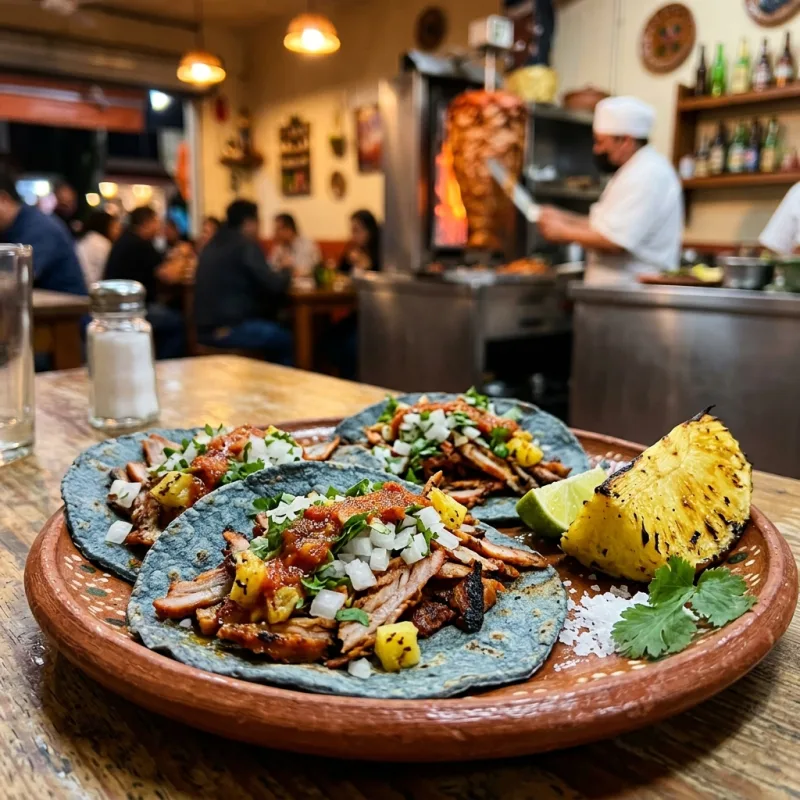 Authentic Mexican tacos al pastor garnished with cilantro and pineapple on a plate