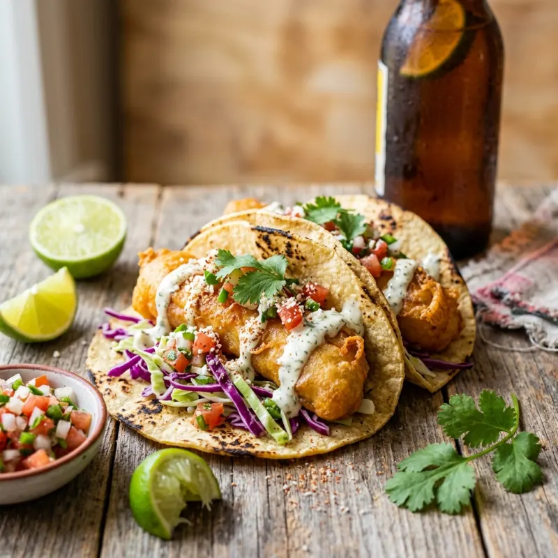 Authentic Baja-style fish tacos with cabbage and cream sauce