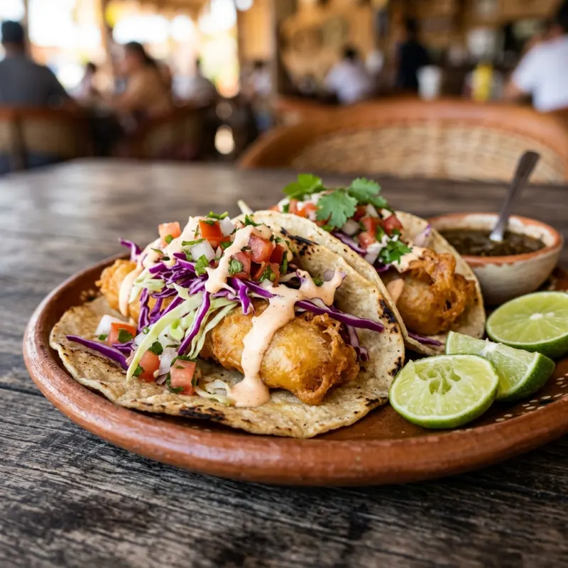 Authentic Baja style fish tacos with cabbage slaw and chipotle crema on a rustic table in Todos Santos