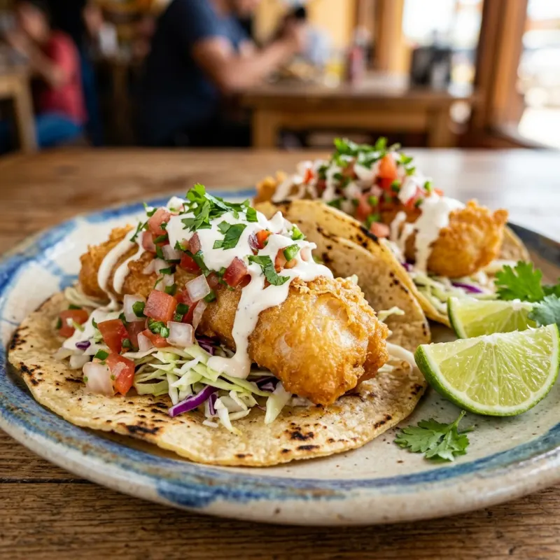 Authentic Ensenada-style beer-battered fish tacos topped with cabbage and salsa