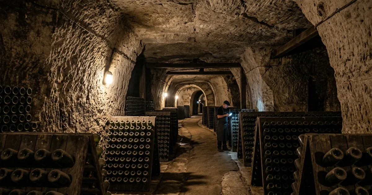 Travel Guides 4 Ancient underground chalk cellars of Taittinger filled with aging champagne bottles