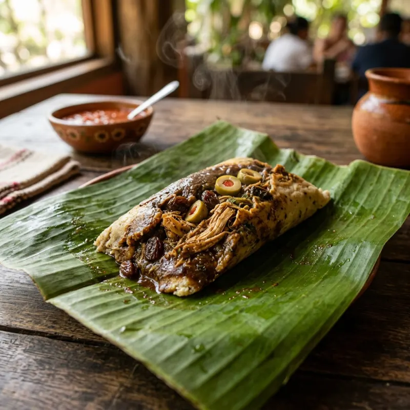 Authentic Tamal Chiapaneco unwrapped on a banana leaf on a rustic table