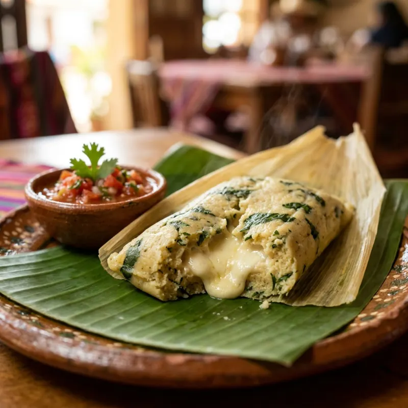 Authentic Tamal de Chipilín con Queso unwrapped on a banana leaf on a rustic ceramic plate