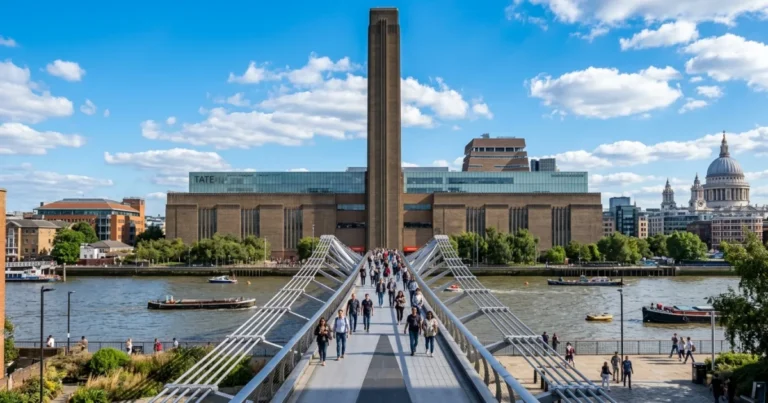 Tate Modern 3 Exterior view of Tate Modern and the Millennium Bridge in London