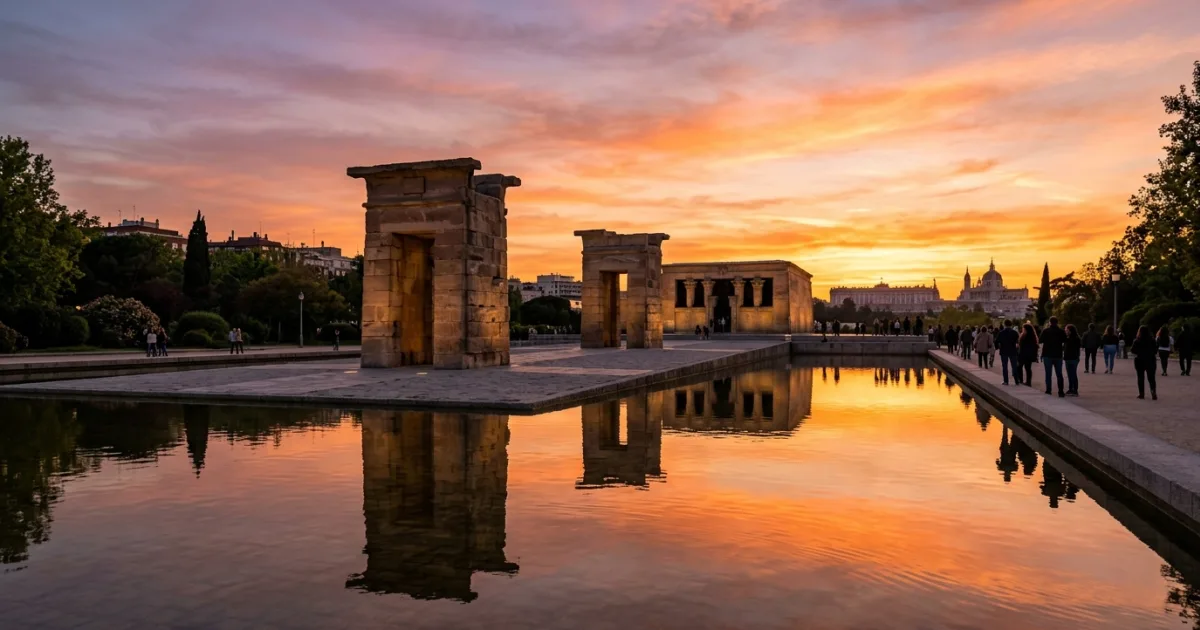 Temple of Debod ancient Egyptian monument reflected in water during sunset in Madrid