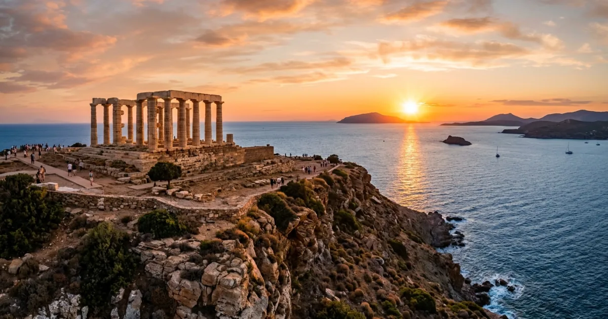 Temple of Poseidon columns standing on the cliffs of Cape Sounion at sunset over the Aegean Sea