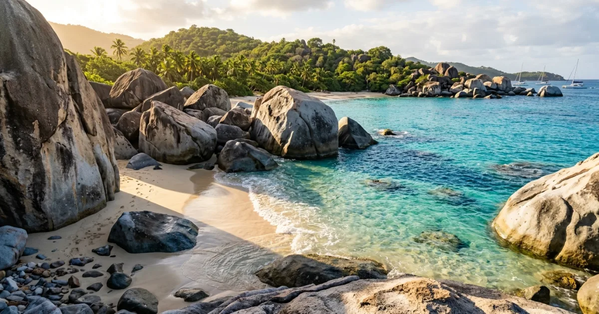 Giant granite boulders and turquoise water at The Baths National Park on Virgin Gorda