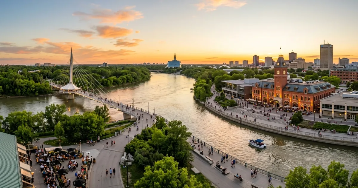 Wide angle view of The Forks riverfront and historic market building in Winnipeg