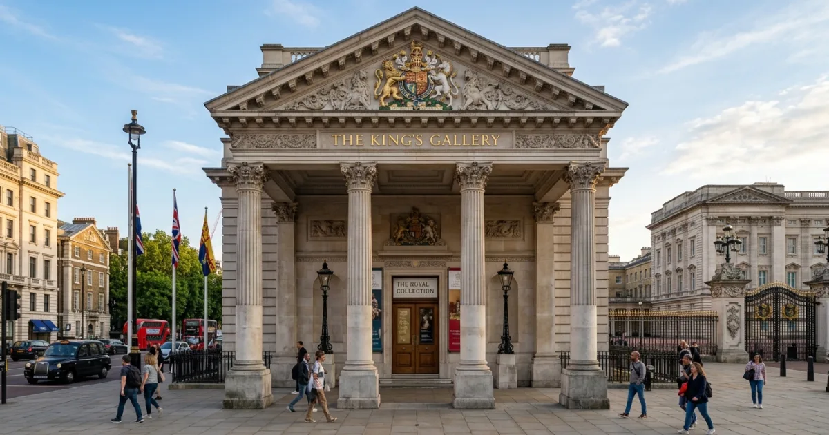 Exterior view of the neoclassical stone entrance to The King's Gallery Buckingham Palace in London