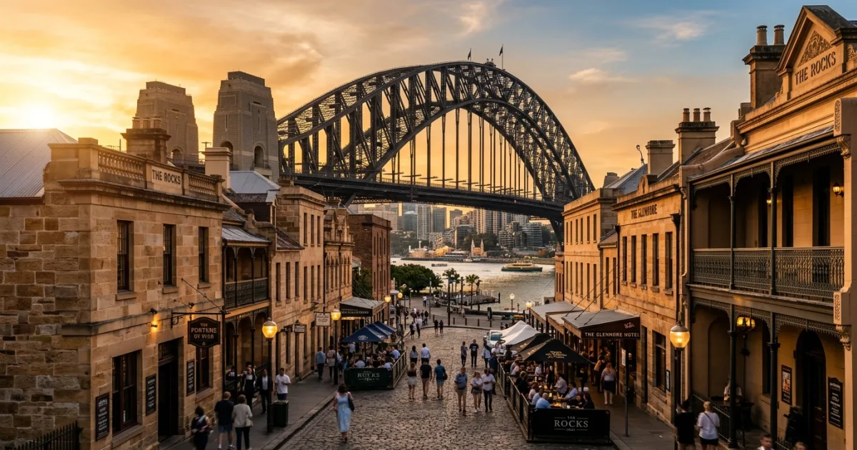 Historic sandstone buildings and cobblestone street in The Rocks Sydney under the Harbour Bridge