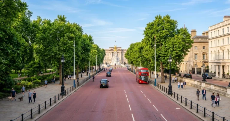 The Mall 16 Wide panoramic view down the red asphalt of The Royal Mall toward Buckingham Palace in London