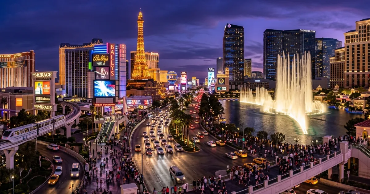 Panoramic twilight view of the illuminated Las Vegas Strip with glowing neon resort towers and fountains
