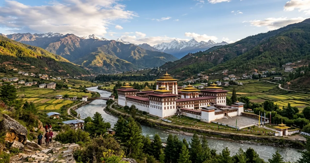 Tashichho Dzong fortress in the lush green valley of Thimphu District, Bhutan.