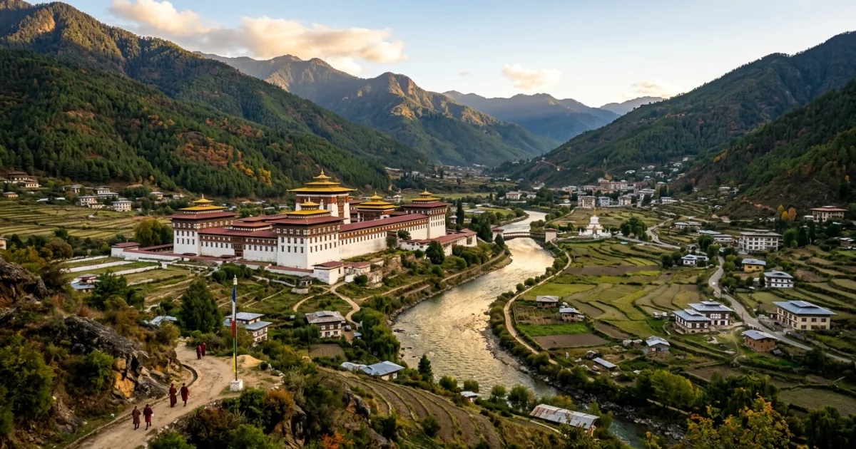 Panoramic view of Thimphu valley and Tashichho Dzong in Bhutan