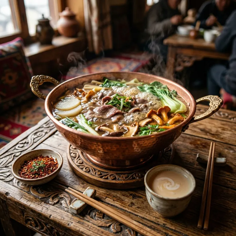Authentic Tibetan yak meat hotpot simmering in a traditional ornate copper pot with wild mushrooms