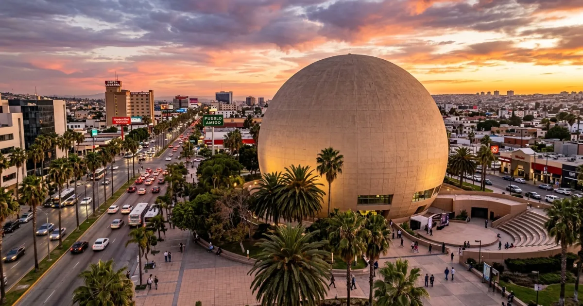 The spherical Tijuana Cultural Center building at sunset