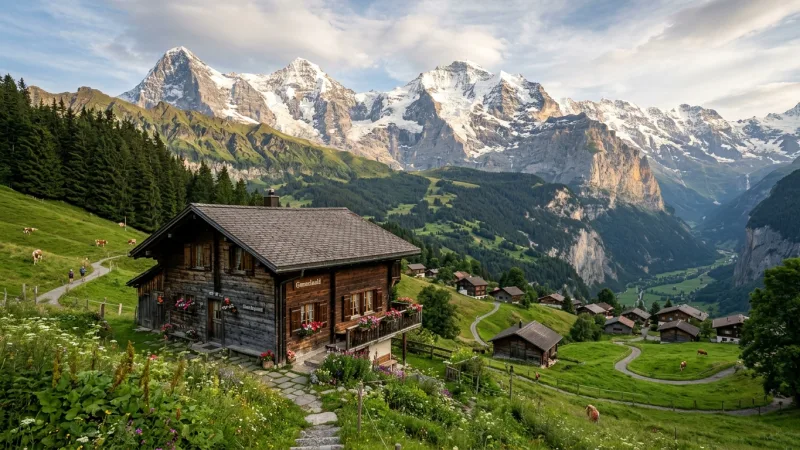 Avoid the Grindelwald Booking Mistake 5 Scenic view of a traditional timber chalet in Gimmelwald facing snow-capped Swiss Alps.