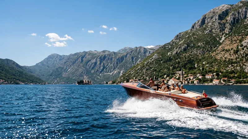 Bypass Coastal Gridlock with Bay Speedboats 1 Speedboat cutting across the deep blue waters of the Bay of Kotor with towering mountains in the background.