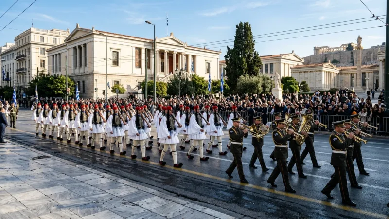 Catch the Sunday Grand Parade with the Military Band 3 A battalion of Evzones in full ceremonial white dress marching along an Athens street accompanied by a military brass band.