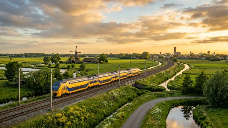 Dutch train traveling along scenic tracks during golden hour.