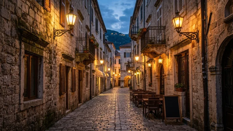Check Port Schedules to Escape Peak Old Town Congestion 3 Quiet cobblestone street in Kotor Old Town illuminated by warm wall lanterns in the evening.
