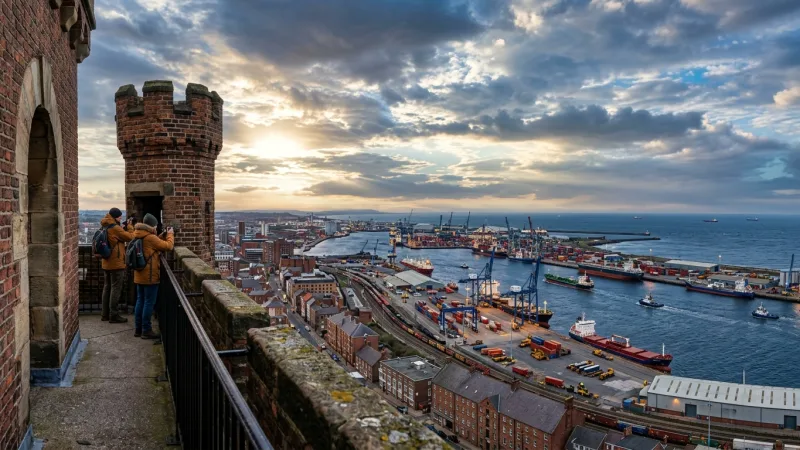 Check Wind Warnings Before Taking the Lift 3 Panoramic view of Dunkirk harbor and the North Sea from the stone balcony of Saint-Eloi belfry.
