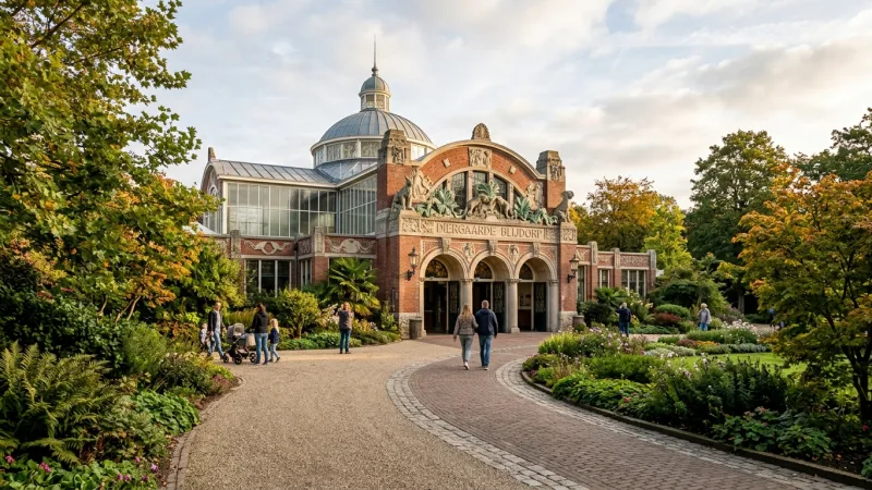 Choose the Strategic Entrance Gate 4 The grand historic entrance building of Rotterdam Zoo framed by green trees and visitors strolling into the park.