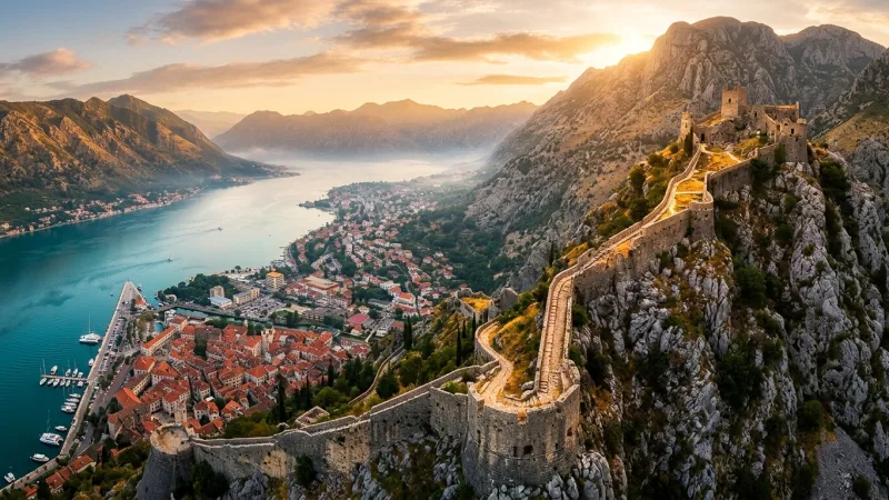 Conquer San Giovanni Fortress via the Ladder of Kotor 4 Panoramic sunrise view of Kotor fortress walls ascending a rugged mountain overlooking the bay.