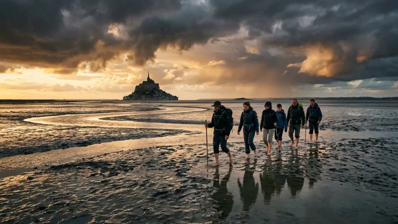 Cross the Bay Exclusively with a Certified Guide 9 A group of hikers walking barefoot across vast tidal sand flats under an expansive sky.