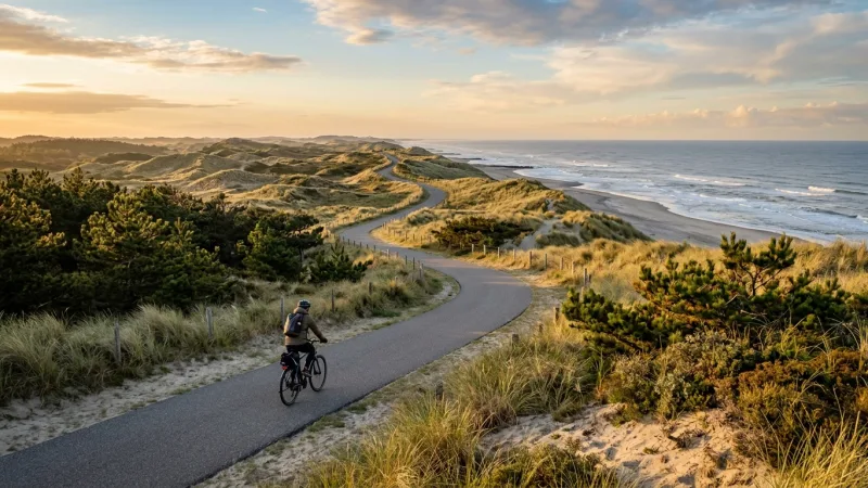 Cycle Through Meijendel to the Wassenaarse Slag Beach 6 Paved bike trail meandering through the grassy sand dunes of Meijendel toward the sea.
