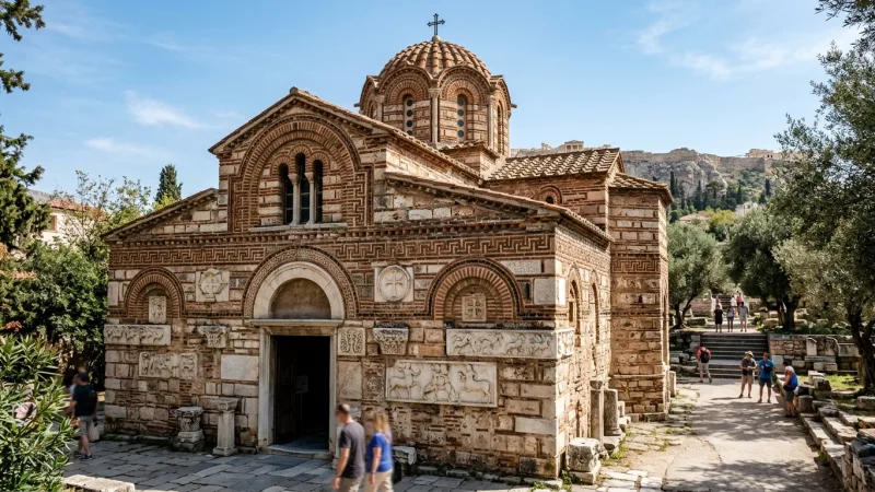 Examine the Exterior Cloisonné Masonry and Ancient Spolia 3 Close-up of the ancient brick and stone masonry of Panagia Kapnikarea Church featuring embedded classical marble fragments.