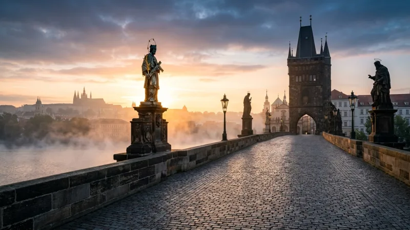 Experience Charles Bridge at Sunrise 1 Charles Bridge lined with stone statues at dawn with morning mist over the river.