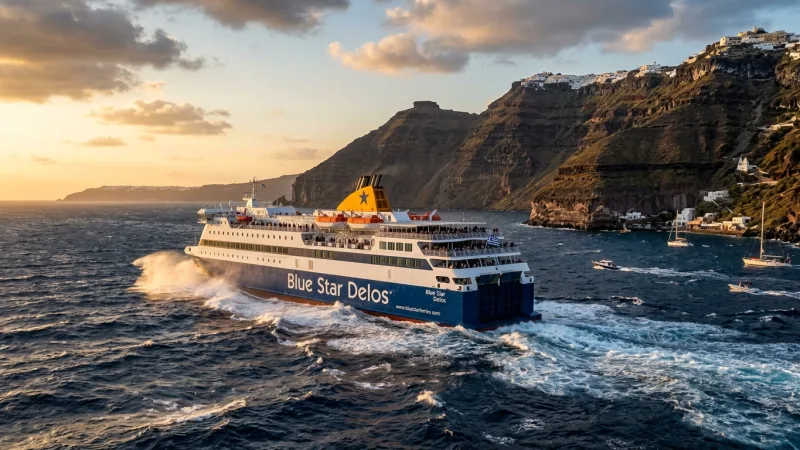 A large passenger ferry navigating deep blue ocean waves near a rocky island coastline.