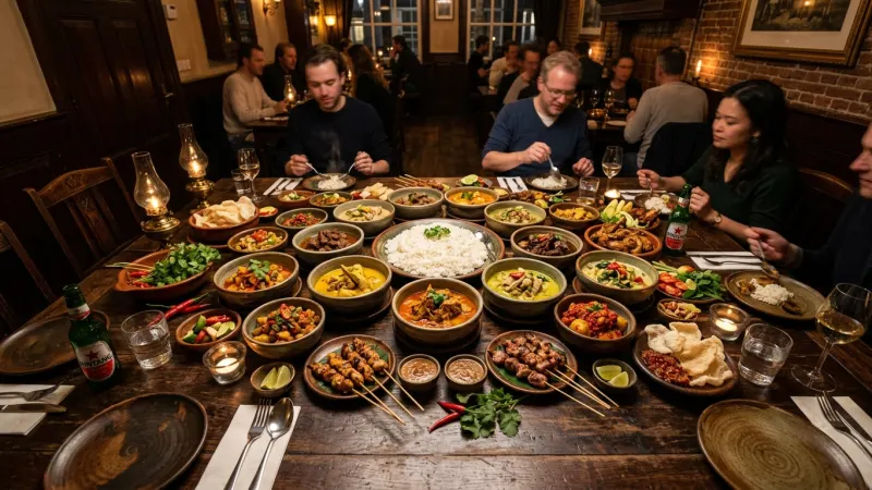 Feast on an Authentic Indonesian Rijsttafel 21 A lavish banquet table filled with dozens of small bowls of Indonesian curries, meats, and rice dishes.