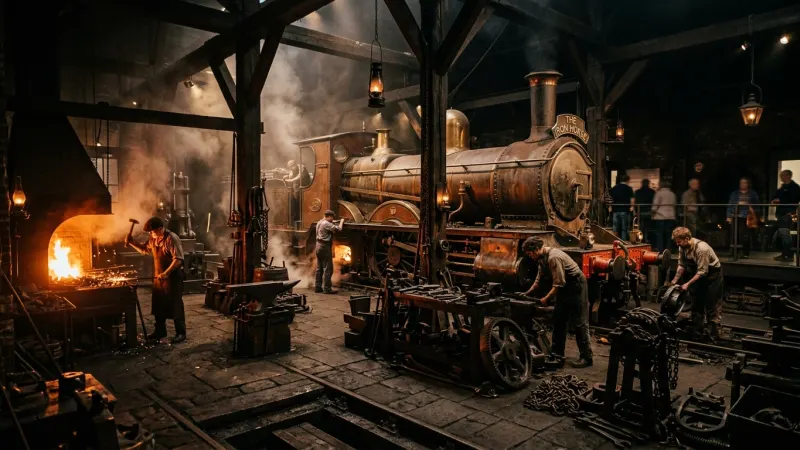 Atmospheric historic train simulator exhibit with steam and warm furnace lighting.