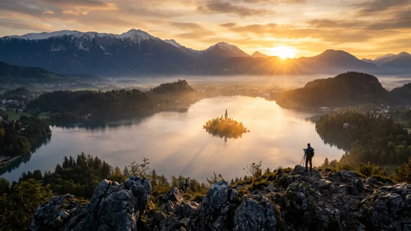 Hike to Ojstrica for Sunrise 3 View from the rocky cliff of Ojstrica looking down on Lake Bled surrounded by morning mist and mountains at dawn.