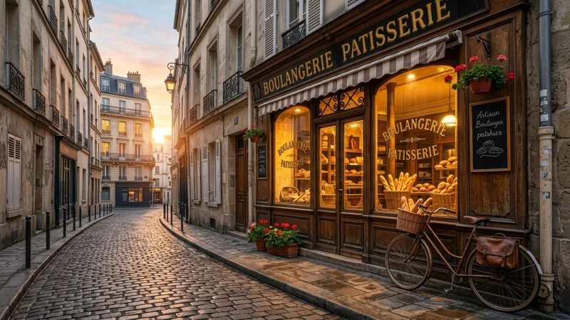 Master the Bonjour Ritual Before Anything Else 1 Warm golden morning light shining through the window of a classic Parisian bakery storefront onto cobblestone streets.