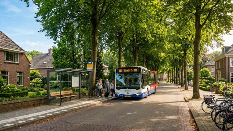 Master the Trainless Transit Route via Leiden or The Hague 4 A regional passenger bus waiting at a tree-lined roadside stop in a quiet town.