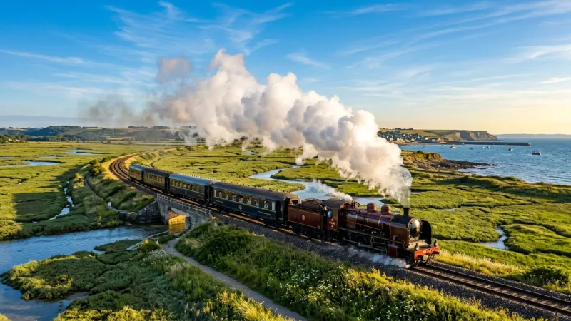 Navigate Between Harbor Towns on the Vintage Steam Train 5 A vintage steam locomotive pulling wooden passenger carriages through coastal wetlands.