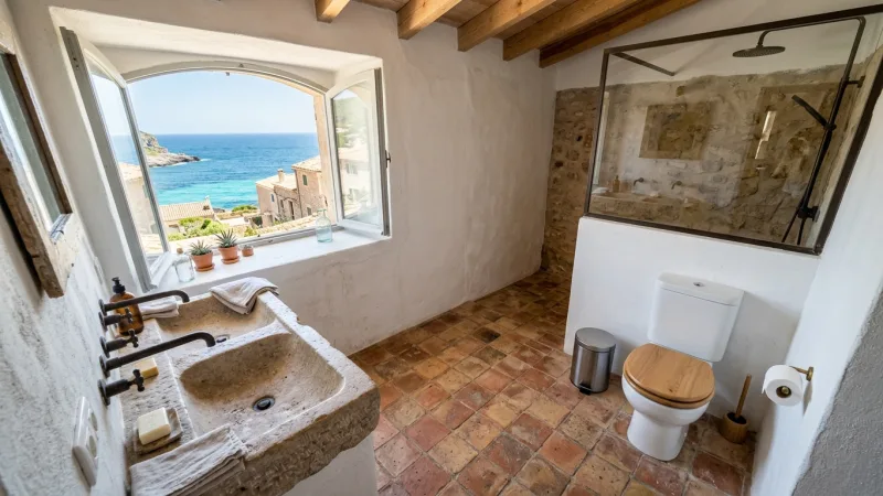 A bright whitewashed Mediterranean bathroom with a pedal waste bin beside the toilet.