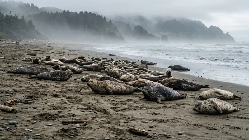 Observe Harbor Seals Respectfully at Pointe du Hourdel 8 Wild harbor seals resting on a sandbank surrounded by low-tide coastal water.