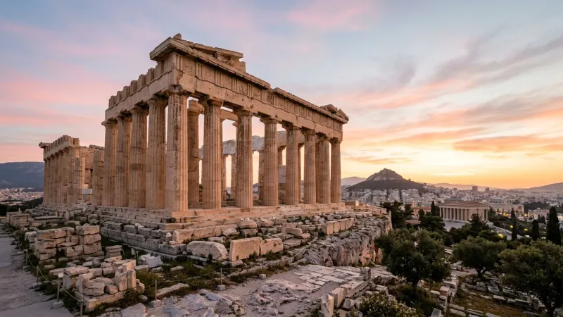 Pre-Book Antiquity Time Slots and Arrive at Dawn 1 Ancient classical marble temple columns glowing softly under early morning sunrise light.