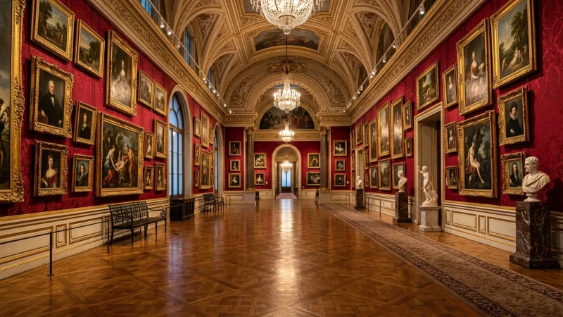 Prioritize the Frozen-in-Time Musée Condé Galleries 3 Ornate 19th-century salon gallery in the Chateau de Chantilly lined with gilded paintings on deep red walls.