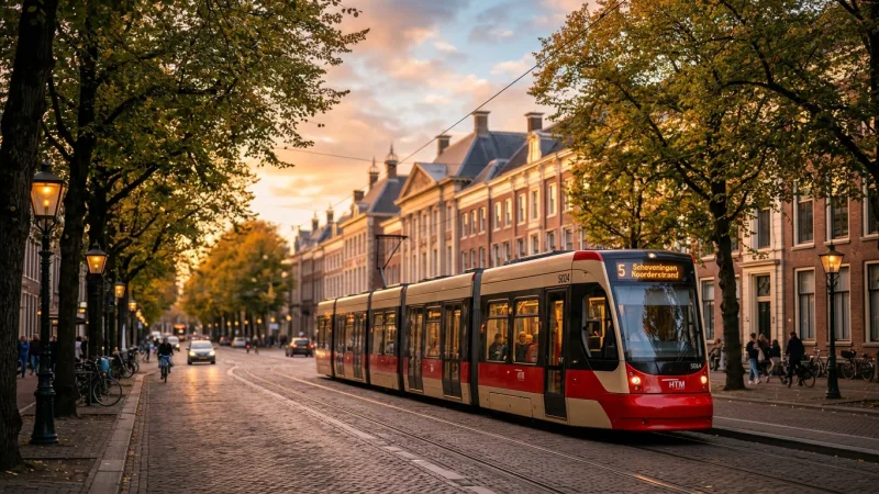 Ride Tram 1 to Connect City and Sea 20 A modern commuter tram travelling along a picturesque, tree-lined cobblestone street in The Hague.