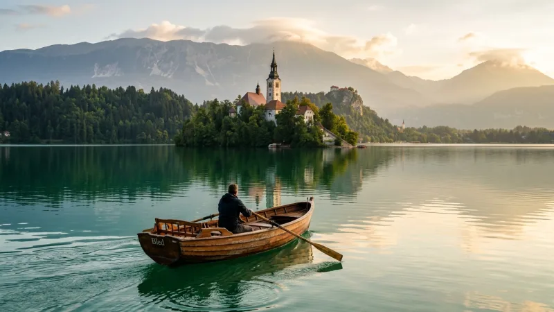 Row Your Own Boat to Bled Island 4 A classic wooden rowboat on tranquil turquoise water near Bled Island with morning mist in the background.