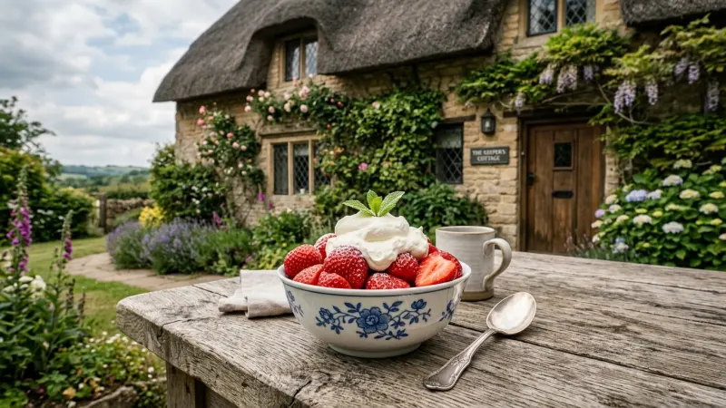 Sample True Crème Chantilly at the Rustic Hameau 5 Bowl of fresh red strawberries crowned with velvety white Chantilly cream on a wooden garden table.