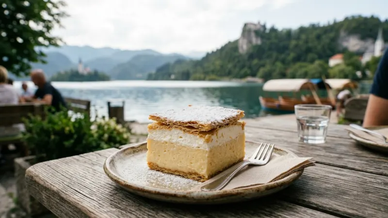 Savor Original Blejska Kremšnita at Hotel Park 1 A slice of traditional Lake Bled cream cake with golden custard and whipped cream on a plate overlooking the lake.