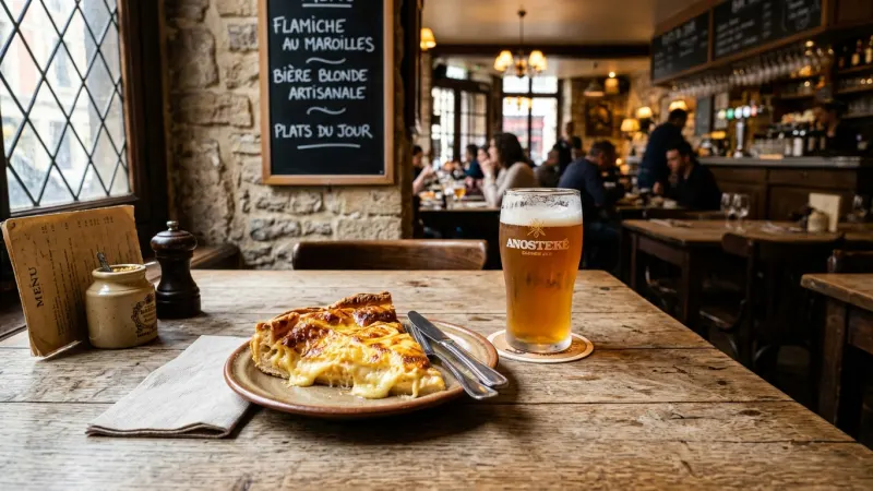 Savor Regional Flamiche and Maroilles Specialties 1 A golden savory leek flamiche slice served beside a glass of craft beer in a traditional French restaurant.